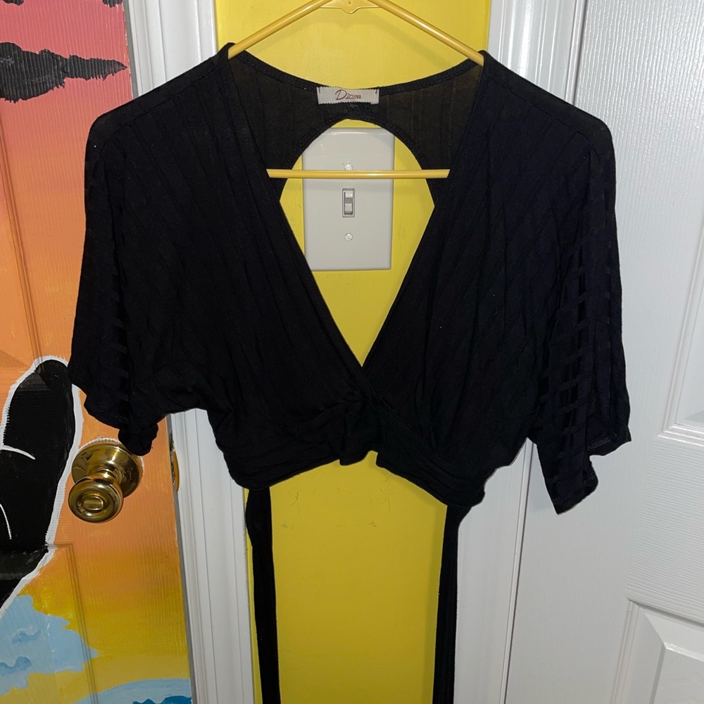 Black crop top ties in the back